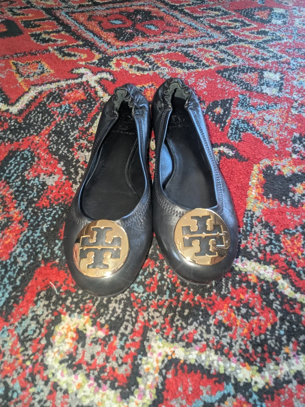 Tory Burch Black Leather Reva Ballet Flats with Gold Logo